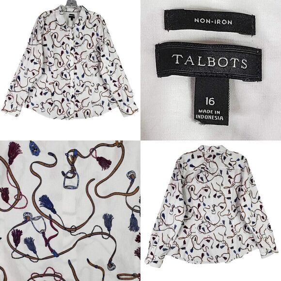 Talbots Button Up Shirt Womens Size 16 White Equestrian Collared No Iron XL - Picture 1 of 10